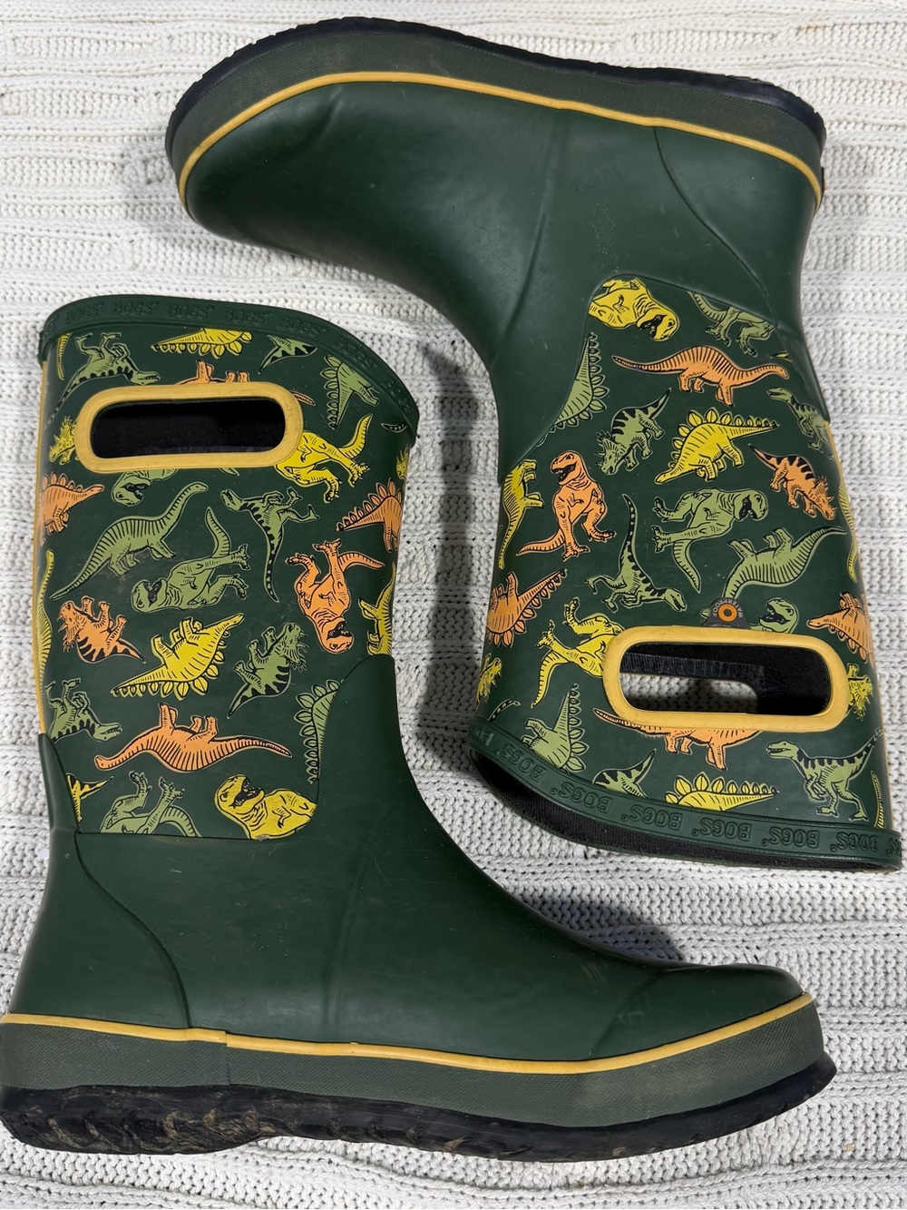 Bogs Kids Dark Green Rain Boots with Yellow and Orange Dinosaur Print